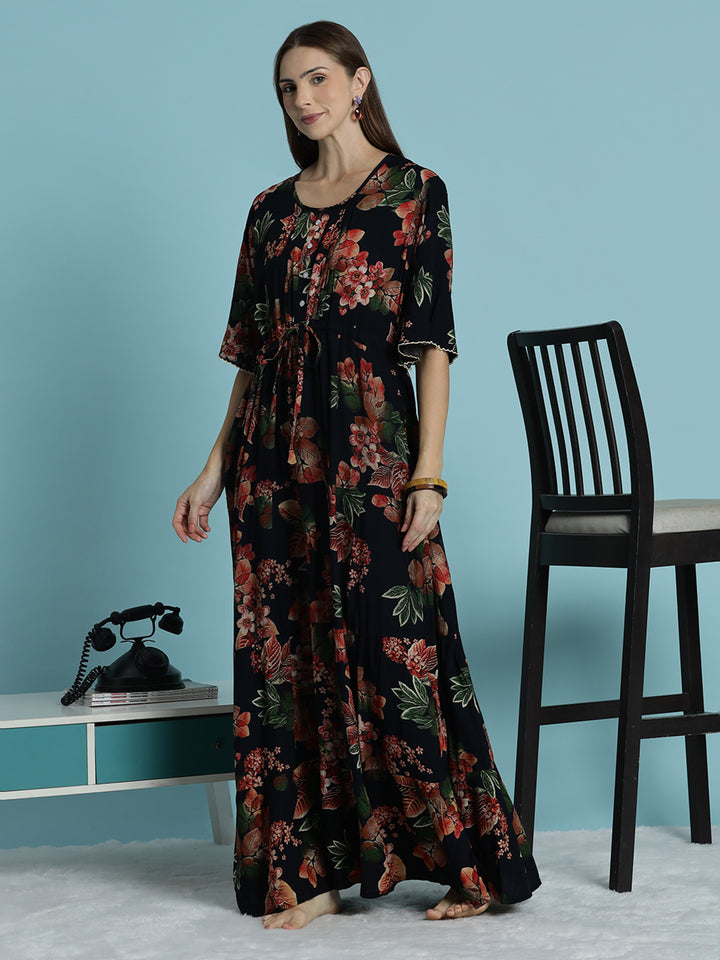 Black frock type nighty for women with floral print In rayon