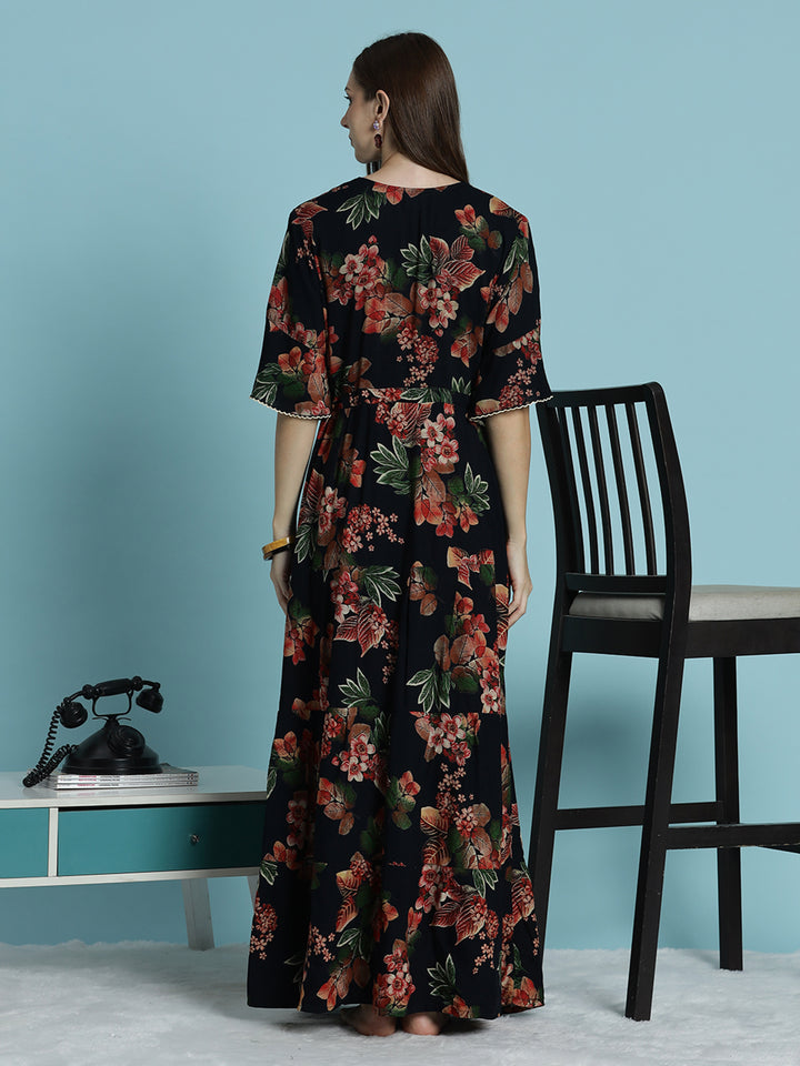 Black frock type nighty for women with floral print In rayon