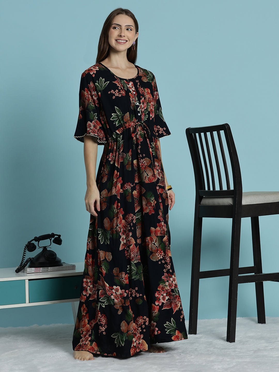 Black frock type nighty for women with floral print In rayon