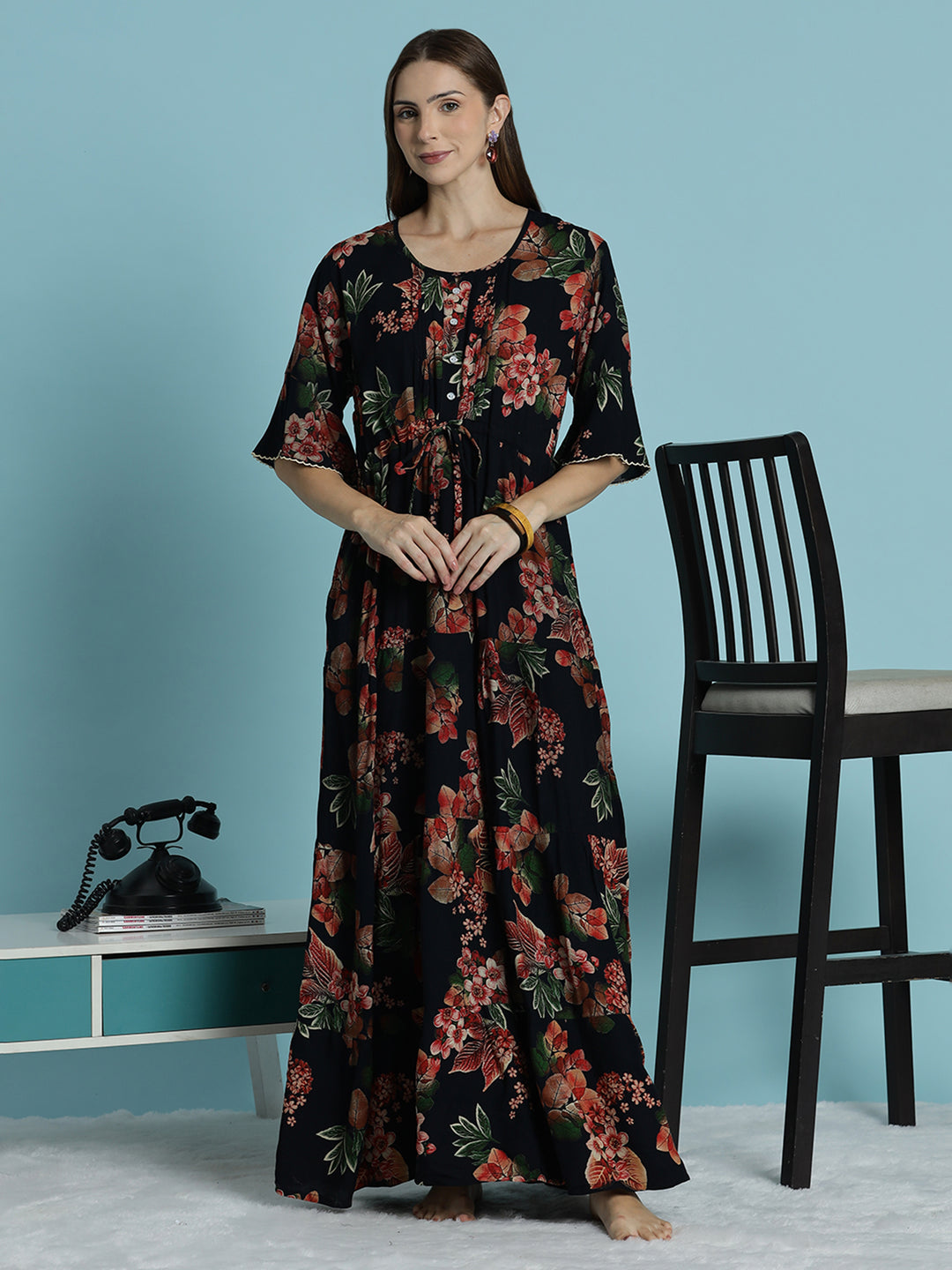 Black frock type nighty for women with floral print In rayon