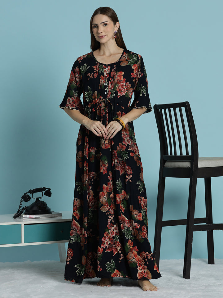 Black frock type nighty for women with floral print In rayon