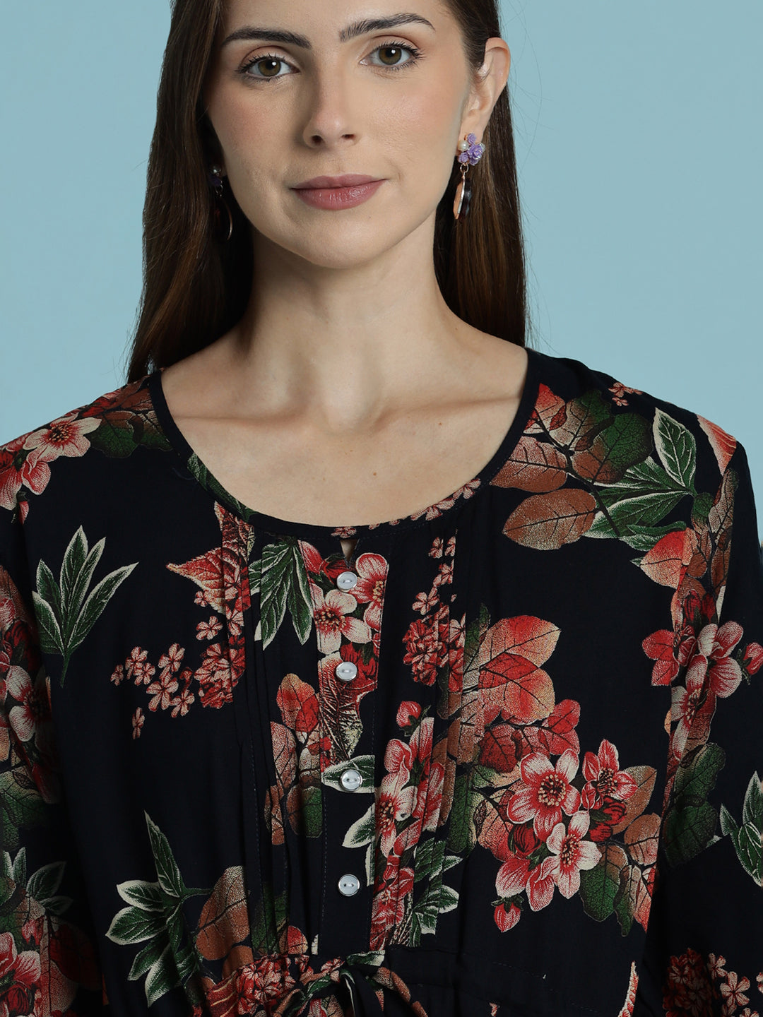 Black frock type nighty for women with floral print In rayon