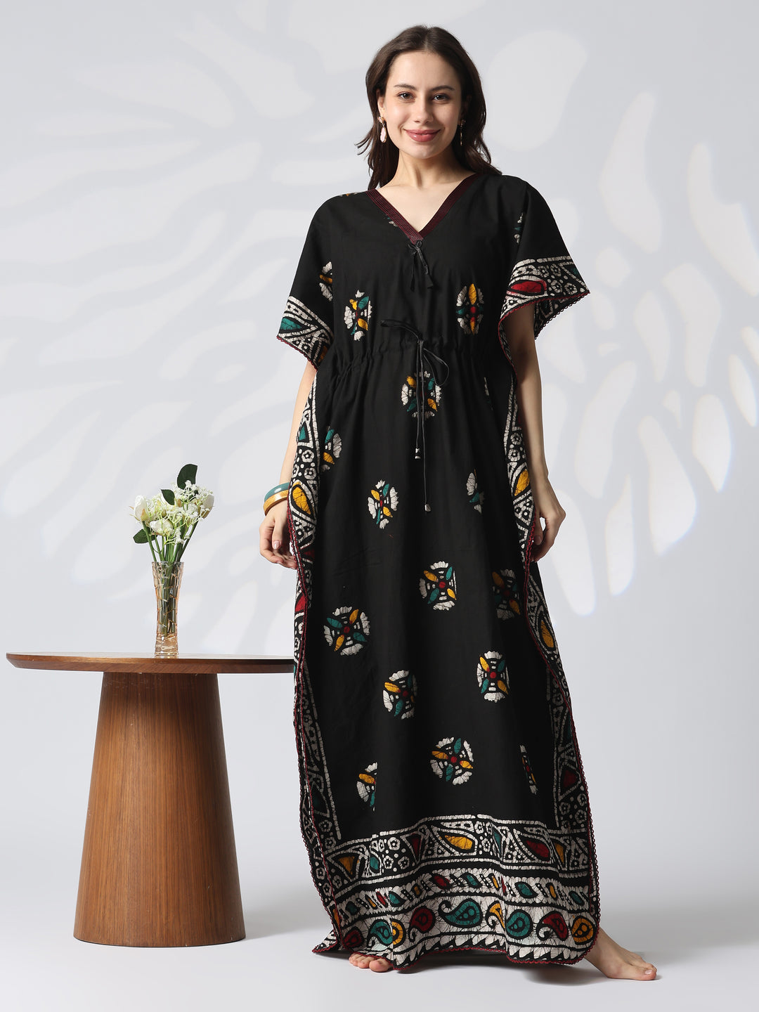 Black batik cotton kaftan nighty for women online