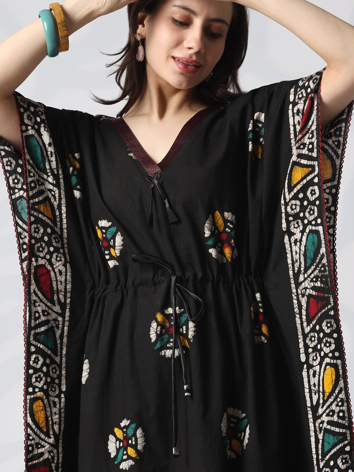 Black batik cotton kaftan nighty for women online