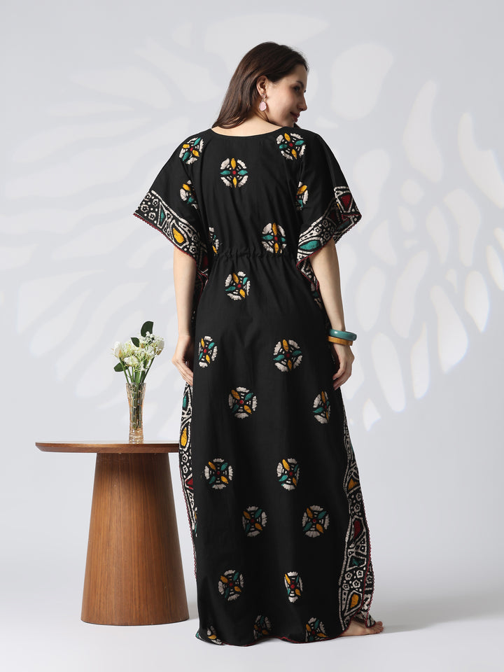 Black batik cotton kaftan nighty for women online