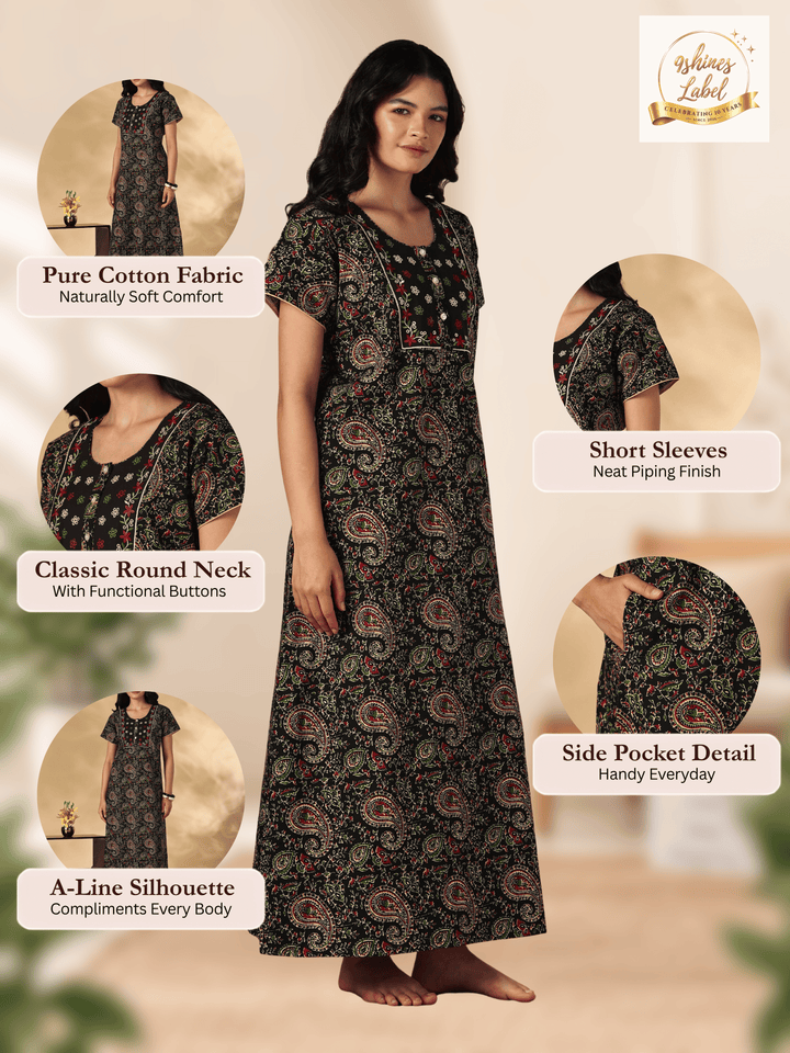 Black paisley print cotton designer nighty for women