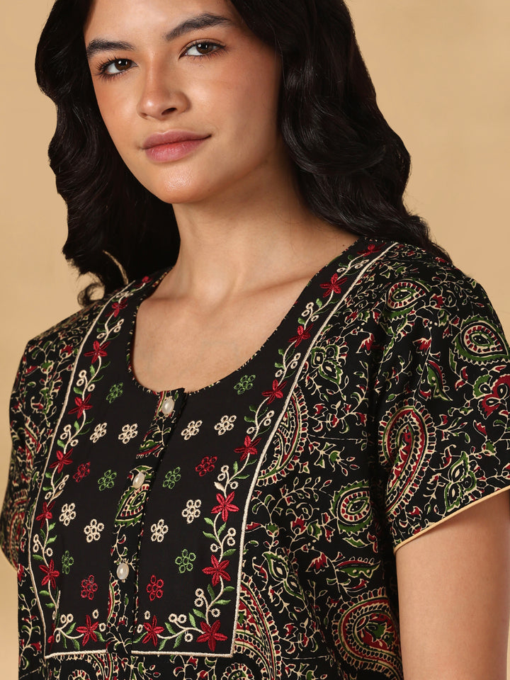 Black paisley print cotton designer nighty for women