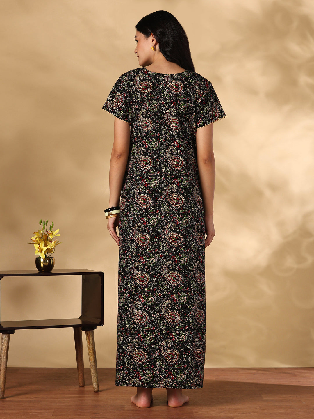Black paisley print cotton designer nighty for women