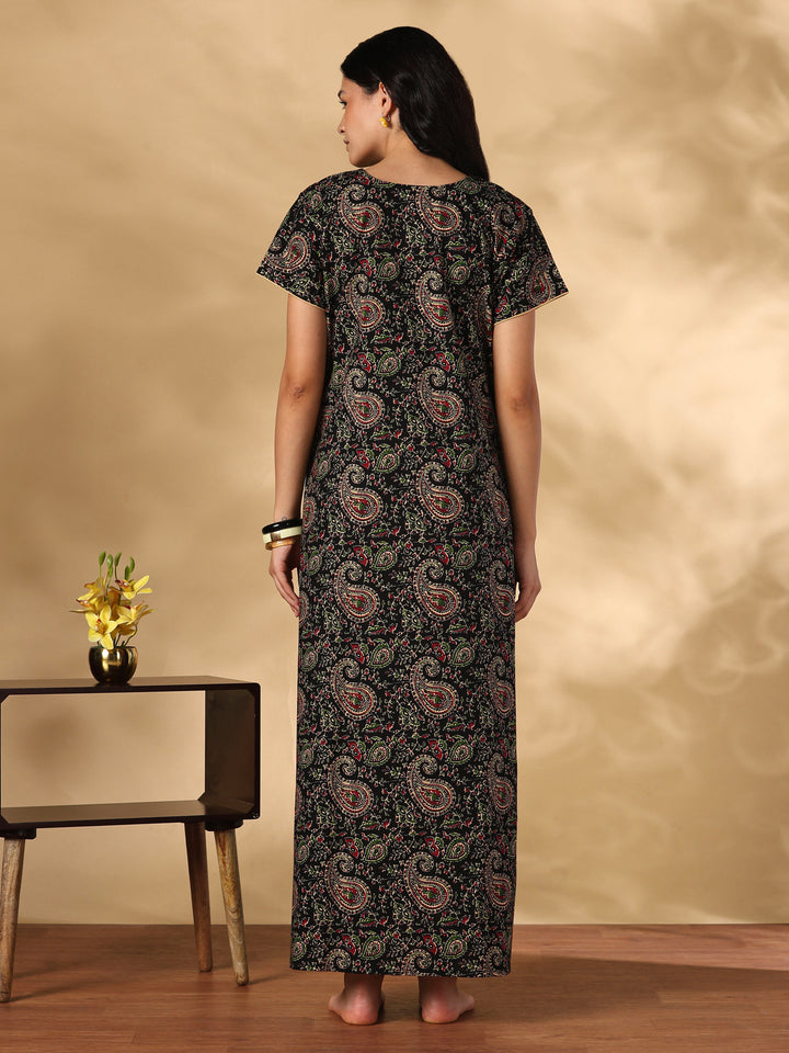 Black paisley print cotton designer nighty for women