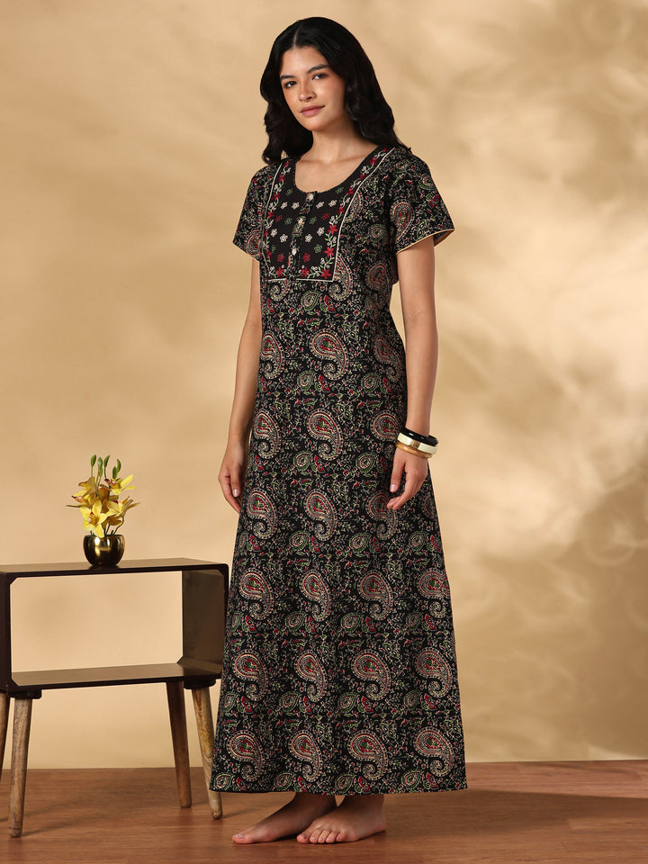 Black paisley print cotton designer nighty for women
