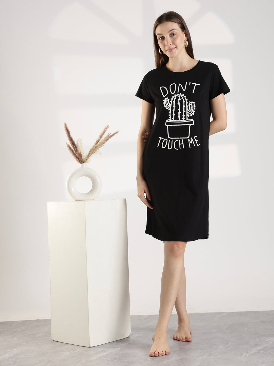 Black cotton knee length short night dress for women