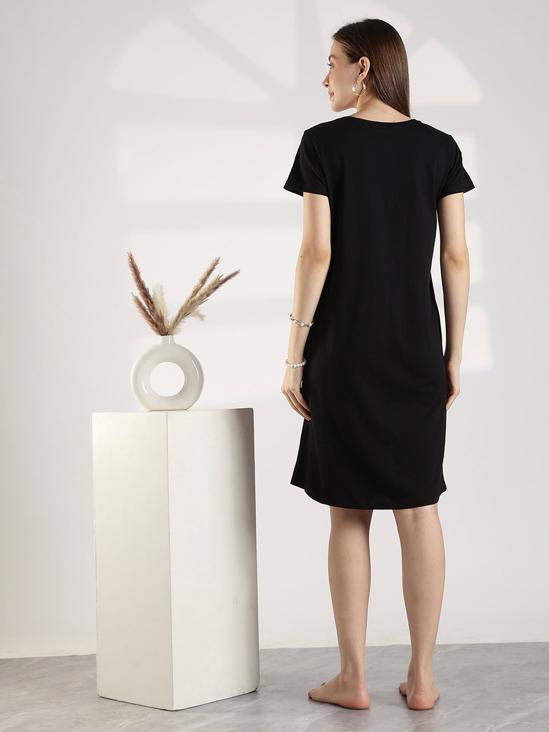Black cotton knee length short night dress for women