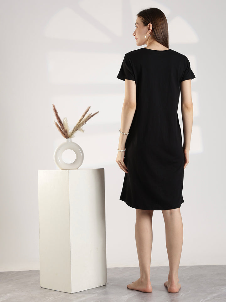 Black cotton knee length short night dress for women