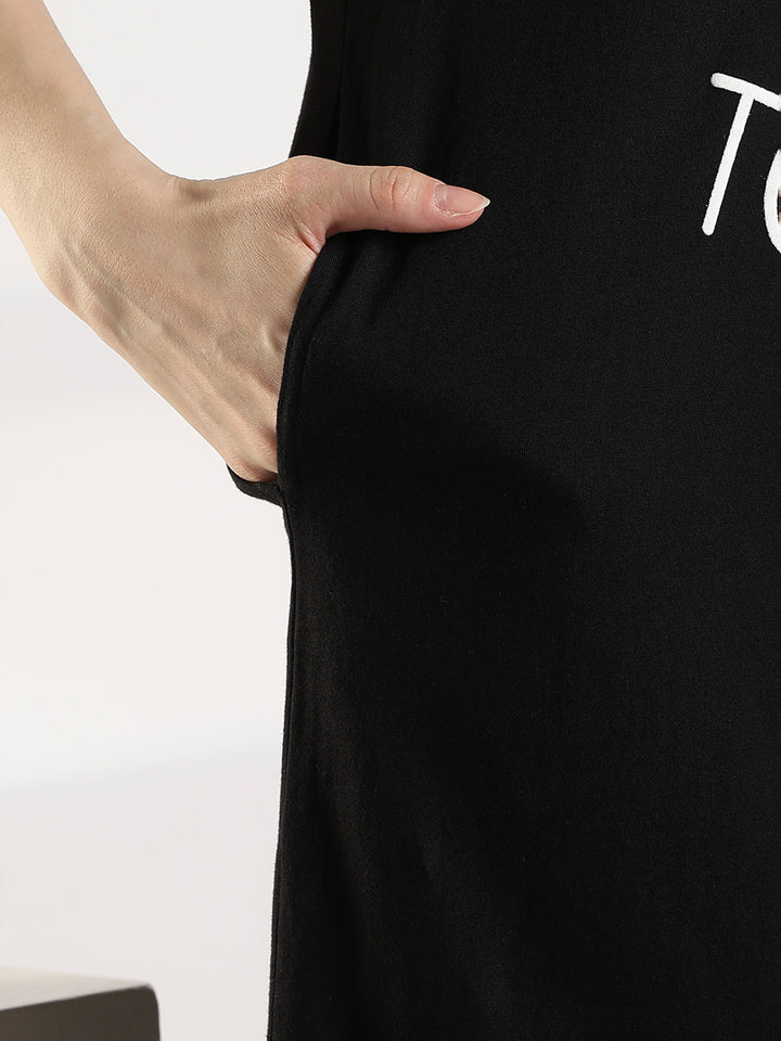 Black cotton knee length short night dress for women