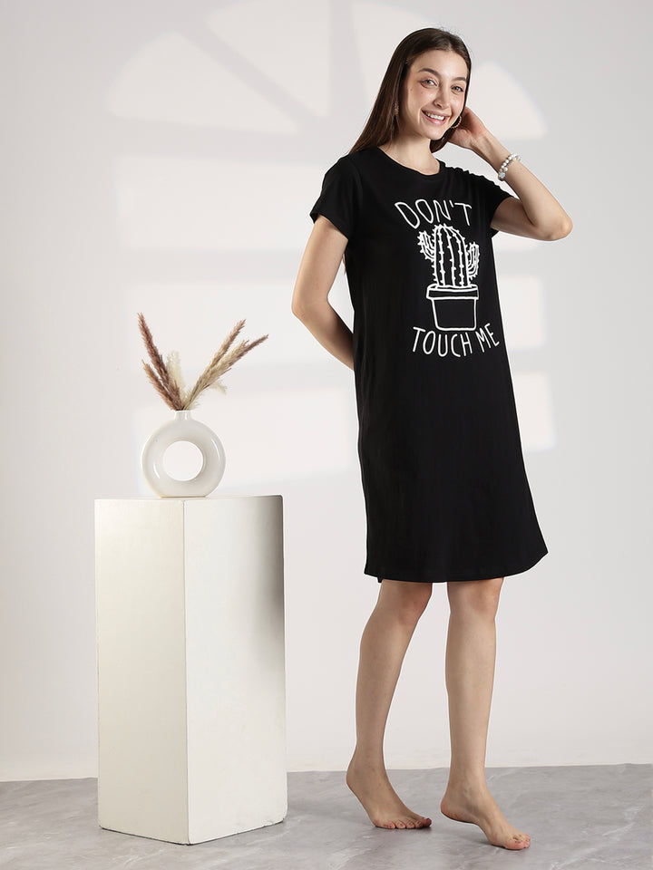 Black cotton knee length short night dress for women