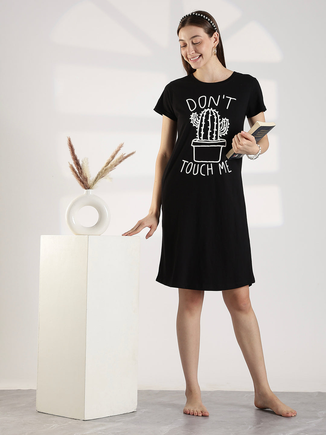 Black cotton knee length short night dress for women