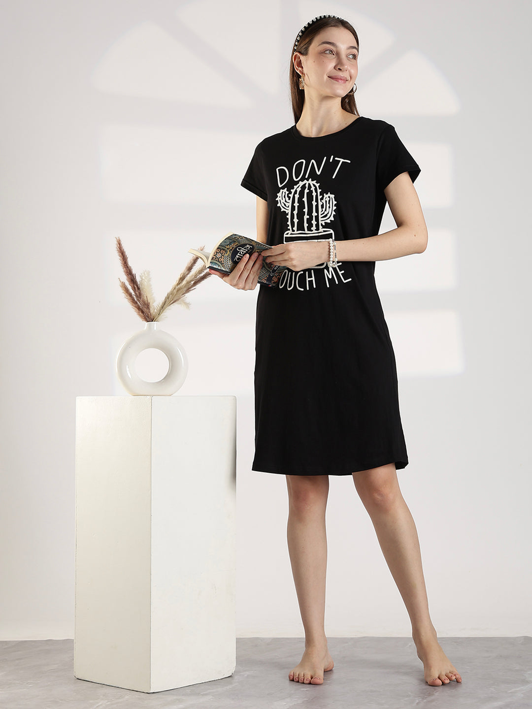 Black cotton knee length short night dress for women