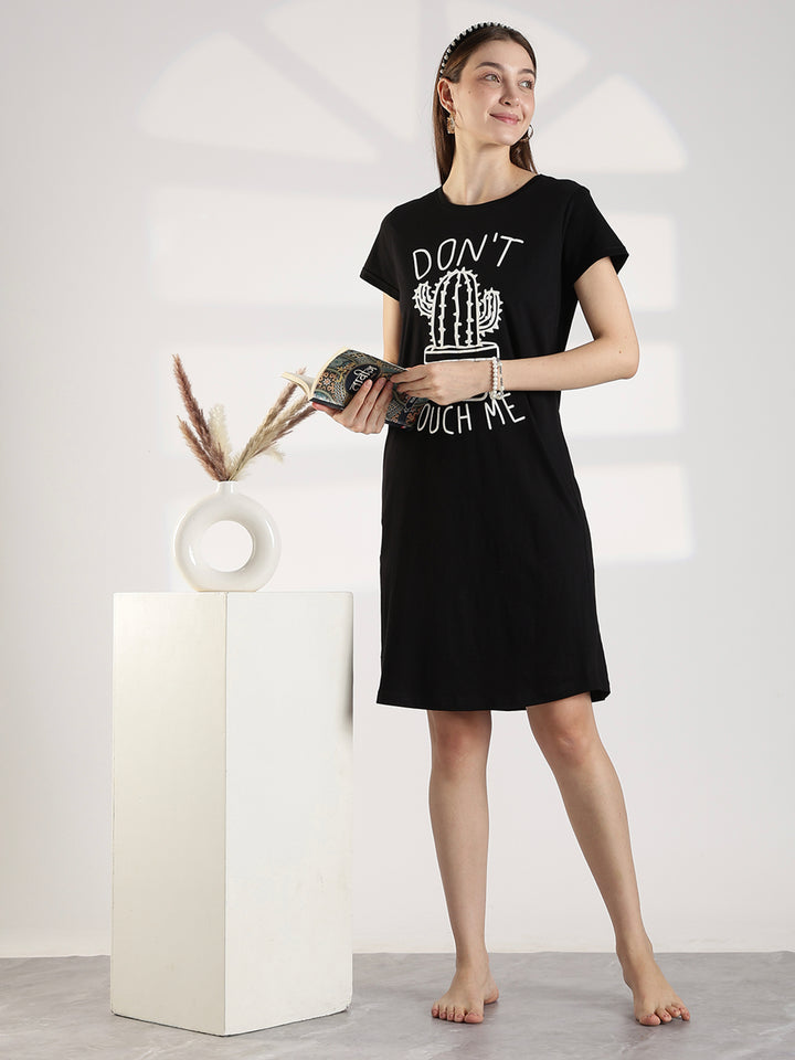 Black cotton knee length short night dress for women