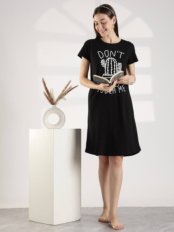 Black cotton knee length short night dress for women