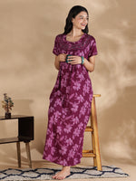 Women's Crush Cotton Designer Nighty in Blossom Wine with Front Buttons