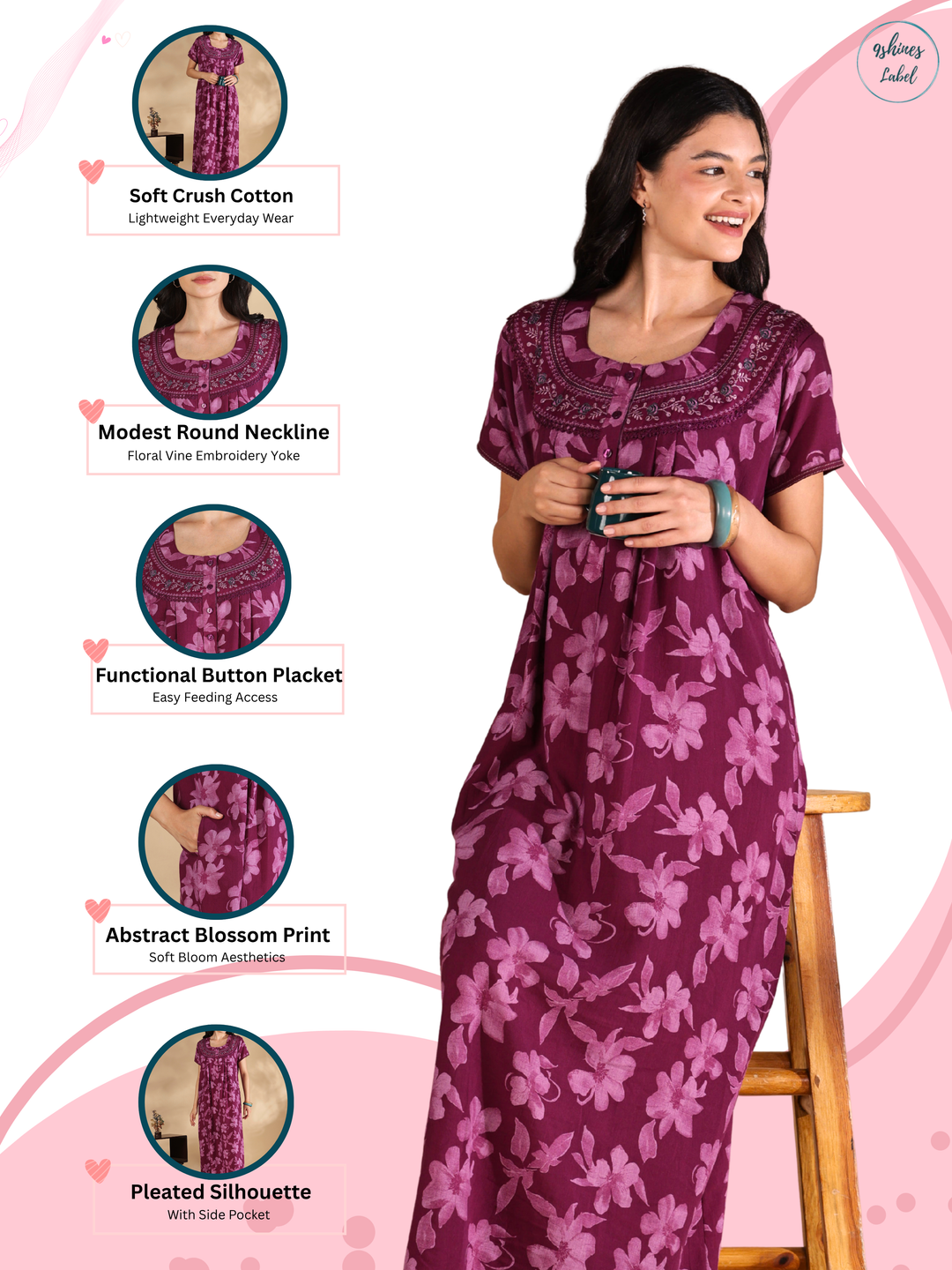 Blossom wine cotton crush nighty for women with pocket