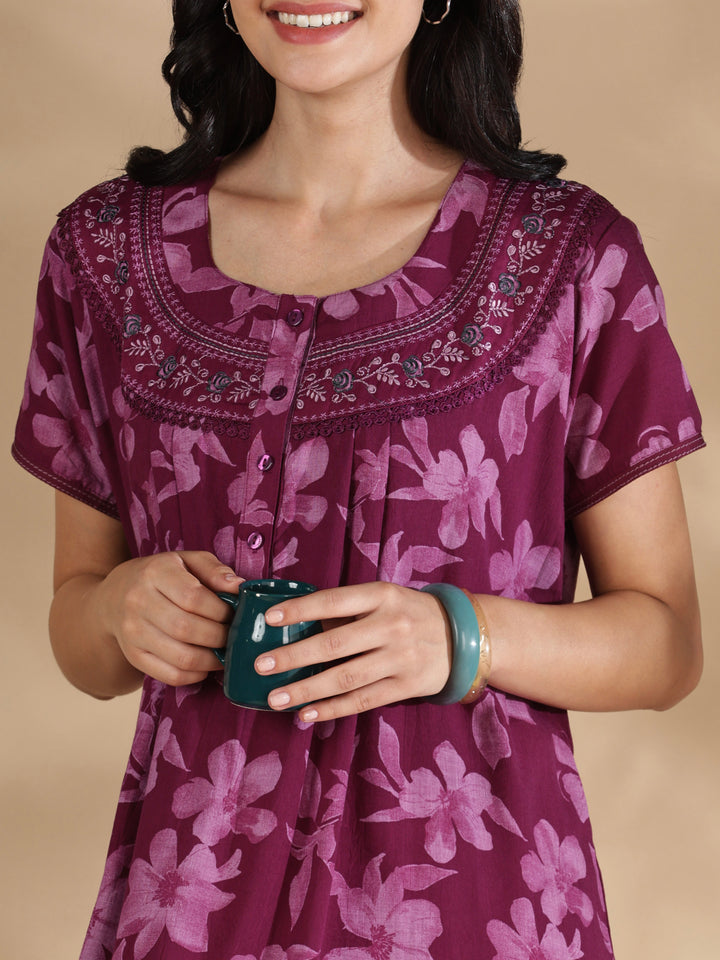 Blossom wine cotton crush nighty for women with pocket