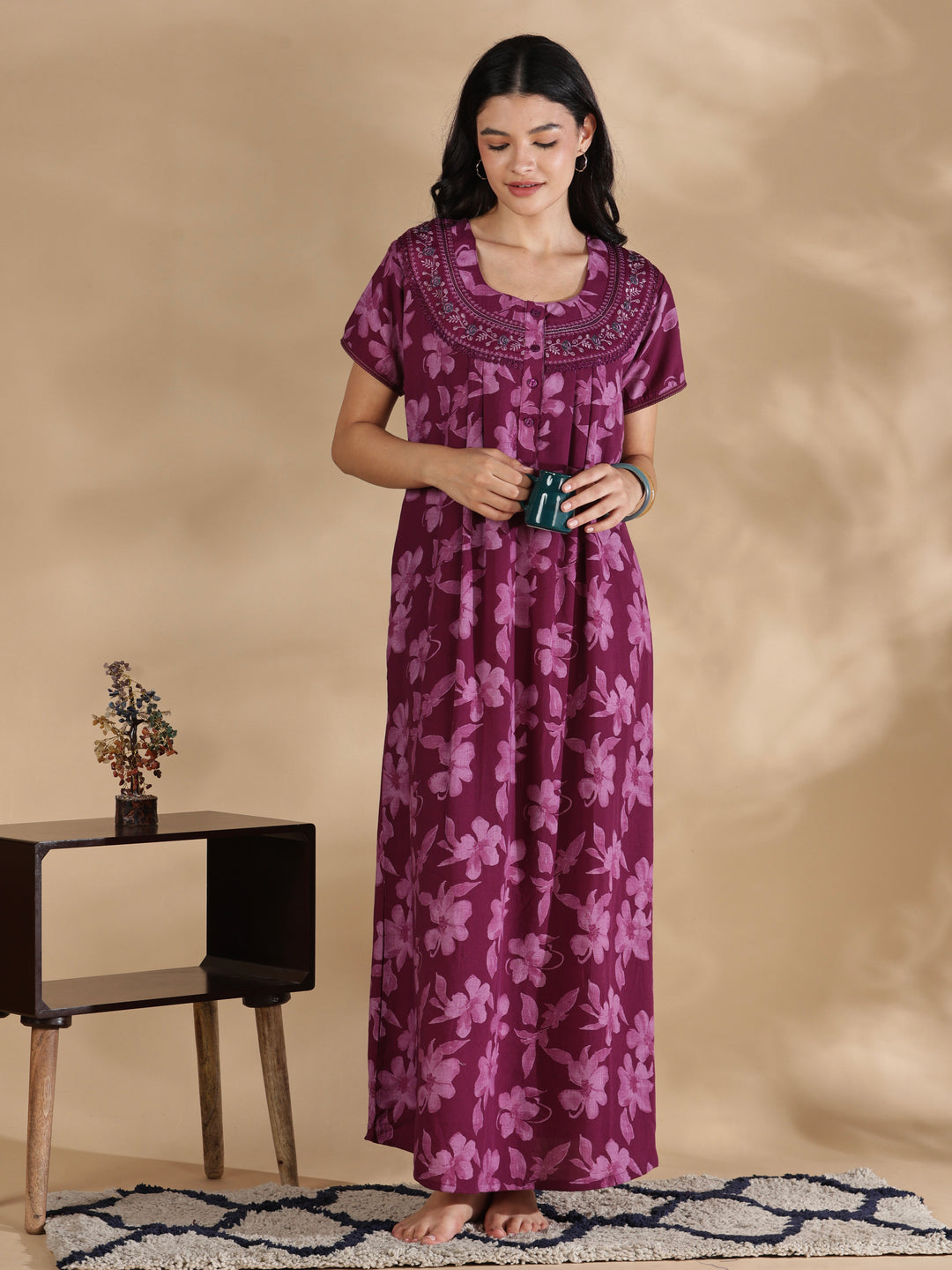 Blossom wine cotton crush nighty for women with pocket