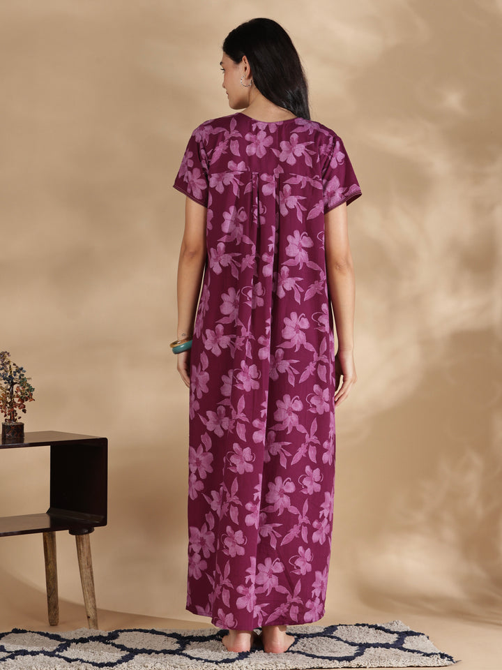 Blossom wine cotton crush nighty for women with pocket