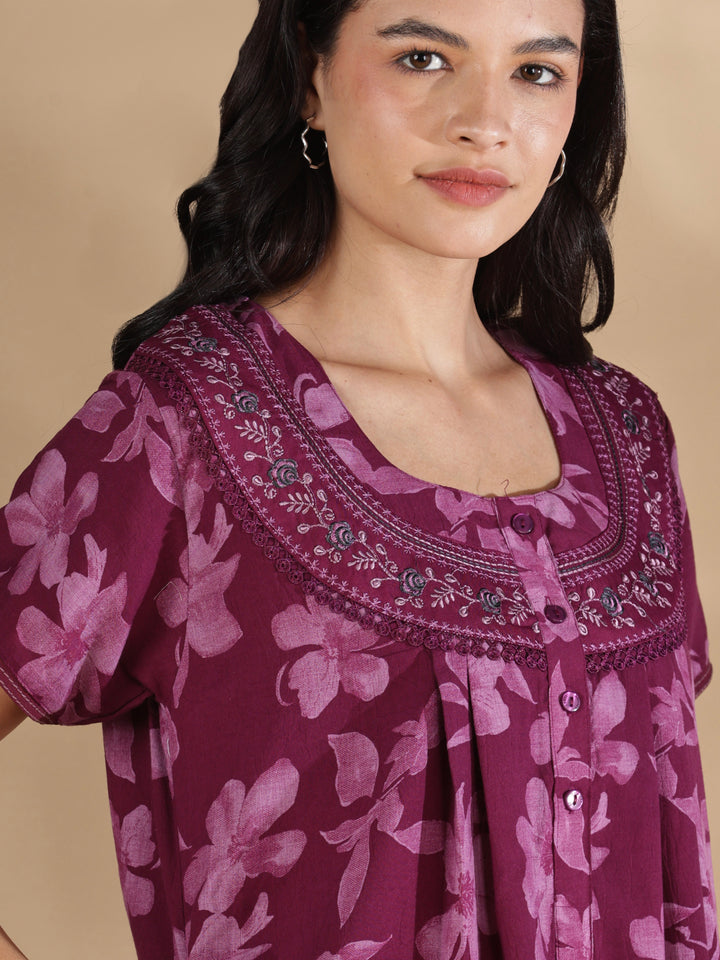 Blossom wine cotton crush nighty for women with pocket