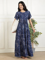 Floral Indigo Alpine Frock Style Nighty for Women with Pocket