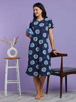Blue Circle Long Polo Hosiery Cotton Printed Short Nighty for Women