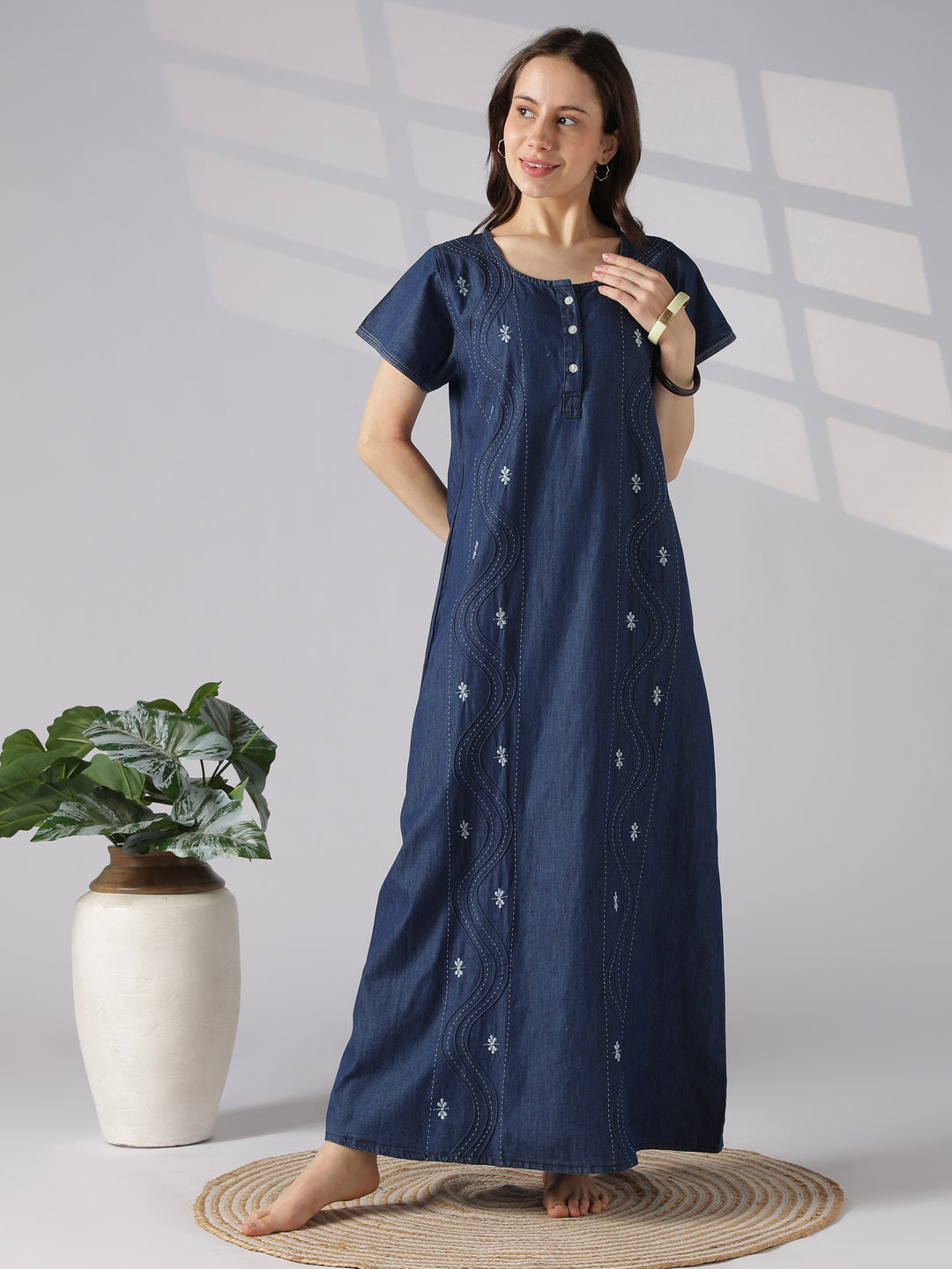 Dark blue wave stitch embroidery cotton nighty for women