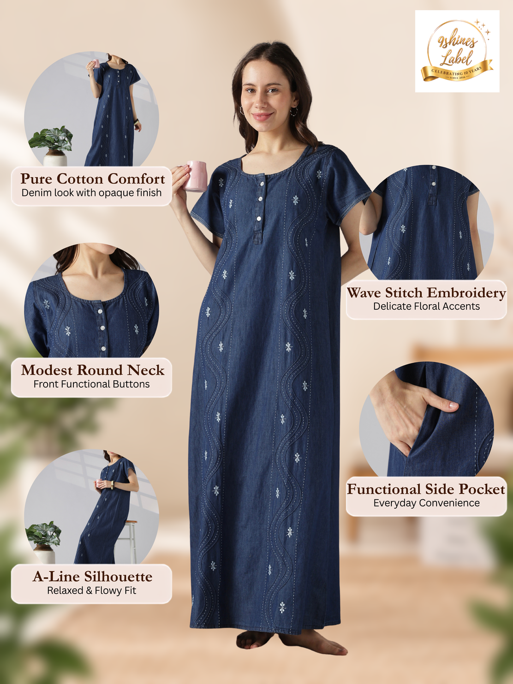 Dark blue wave stitch embroidery cotton nighty for women