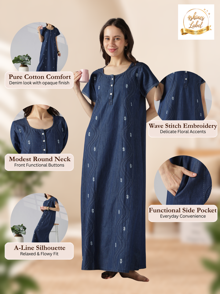 Dark blue wave stitch embroidery cotton nighty for women