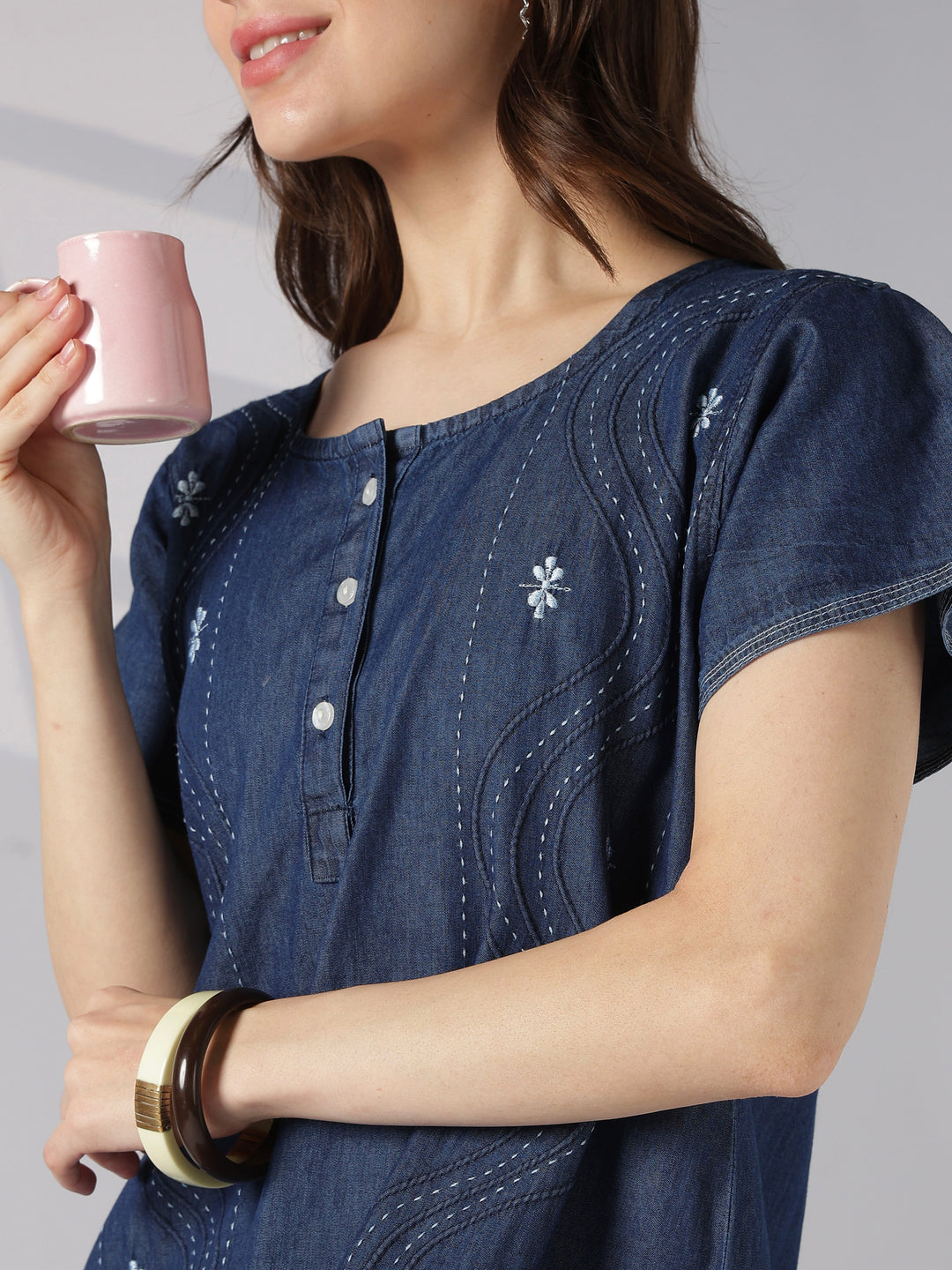 Dark blue wave stitch embroidery cotton nighty for women