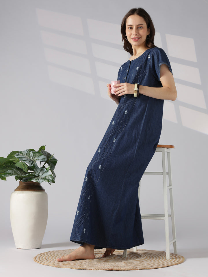 Dark blue wave stitch embroidery cotton nighty for women