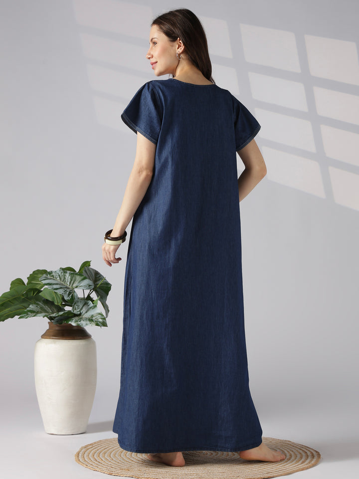 Dark blue wave stitch embroidery cotton nighty for women