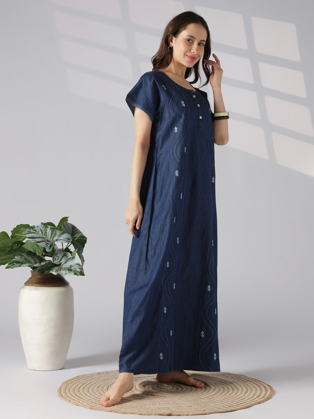 Dark blue wave stitch embroidery cotton nighty for women