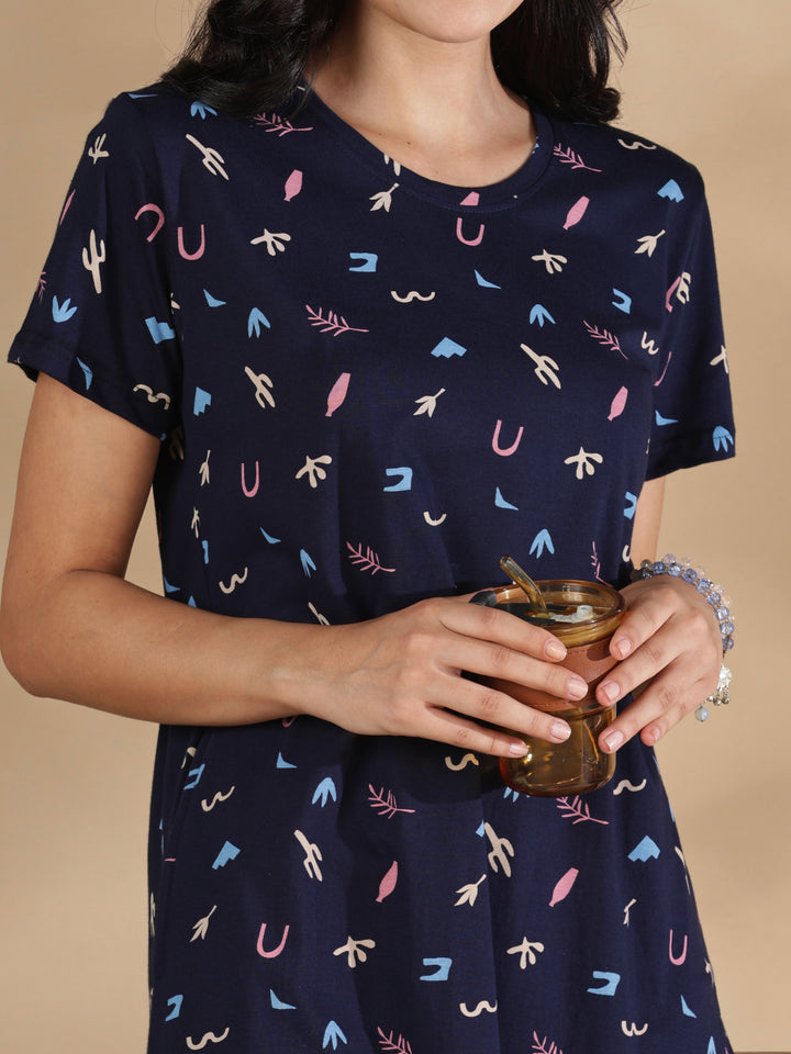Navy blue hosiery cotton short nighty for women online
