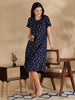 Navy Blue Long Polo Hosiery Cotton Abstract Print Short Nighty for Women