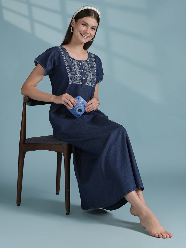 Blue classic denim embroidery nighty dress for women