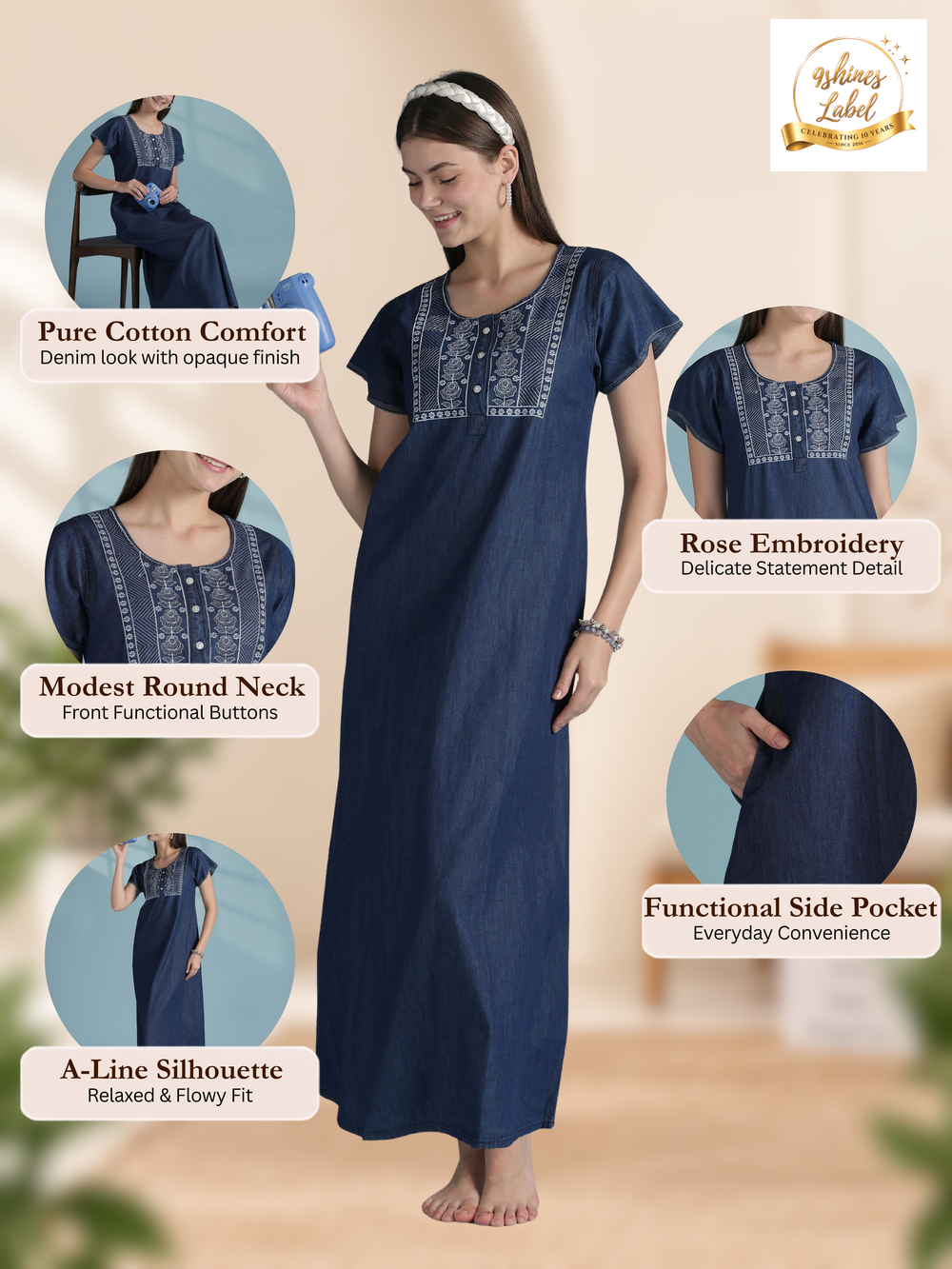 Blue classic denim embroidery nighty dress for women