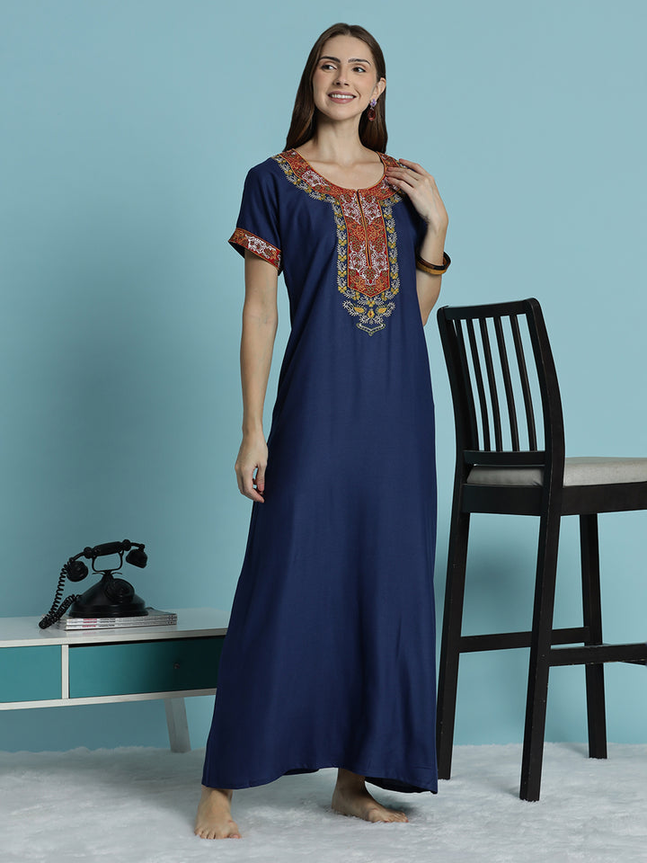 Heritage style blue alpine embroidered nighty for women