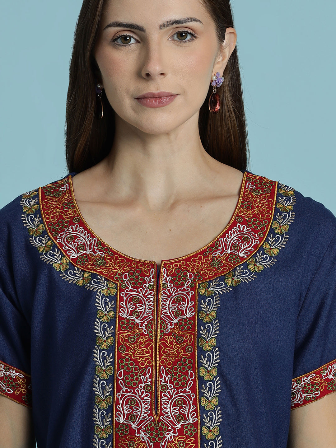 Heritage style blue alpine embroidered nighty for women