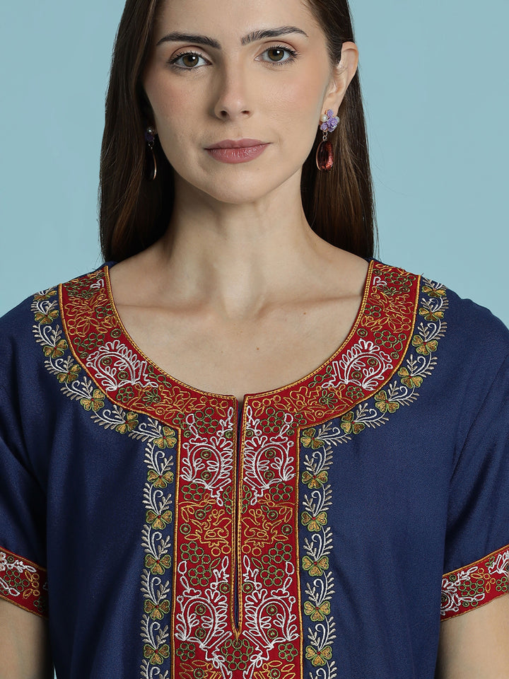 Heritage style blue alpine embroidered nighty for women