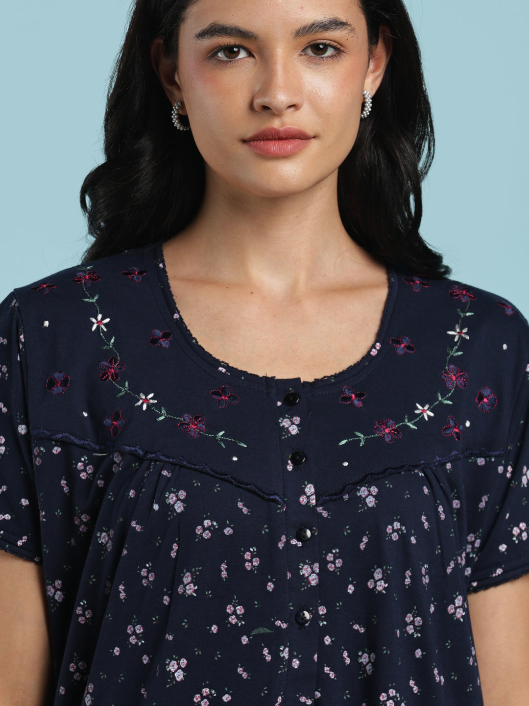 Blue floral cotton blend nightydress for women online