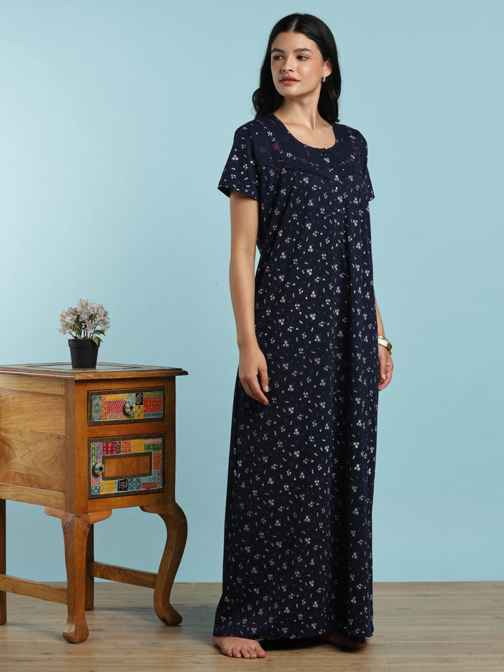 Blue floral cotton blend nightydress for women online