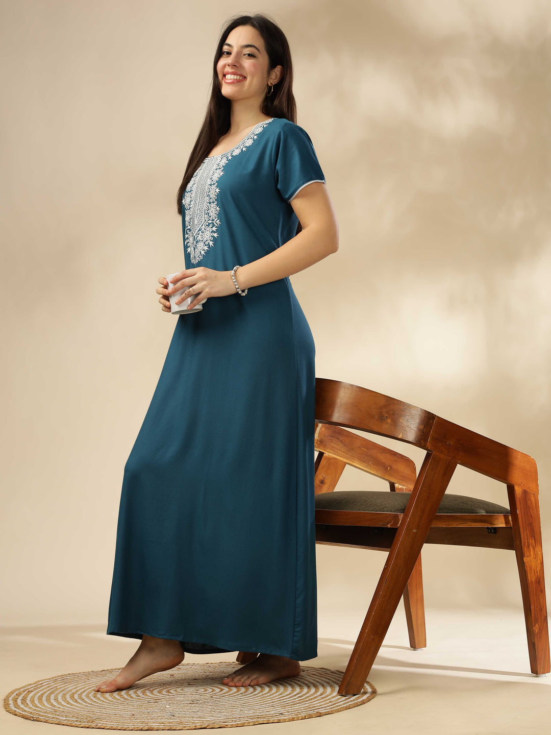 Blue a-line modern nightgown for women with embroidery