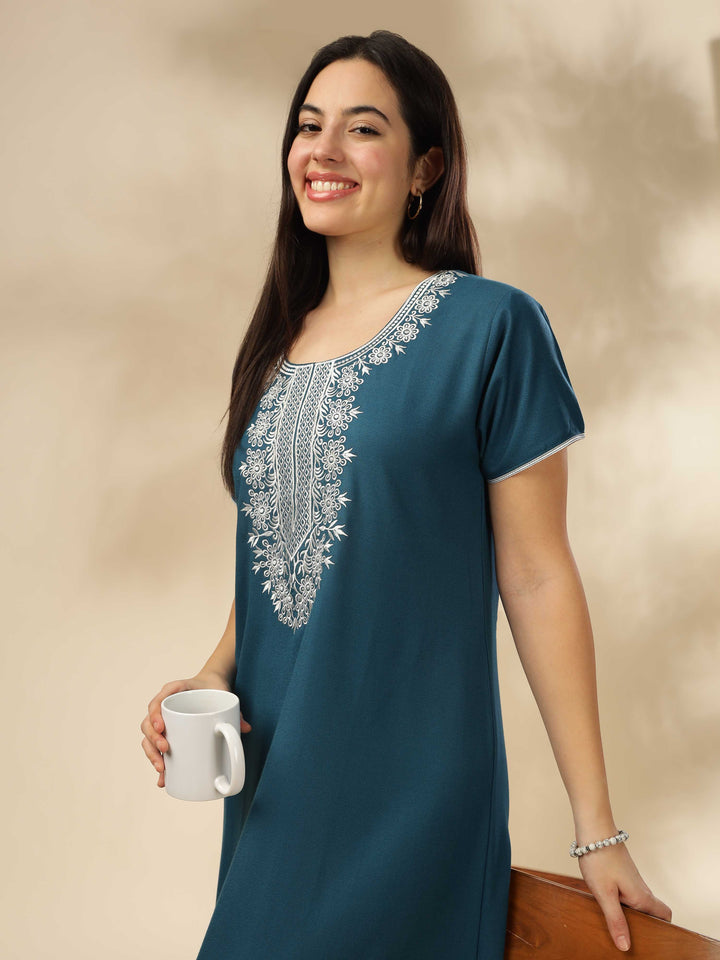 Blue a-line modern nightgown for women with embroidery