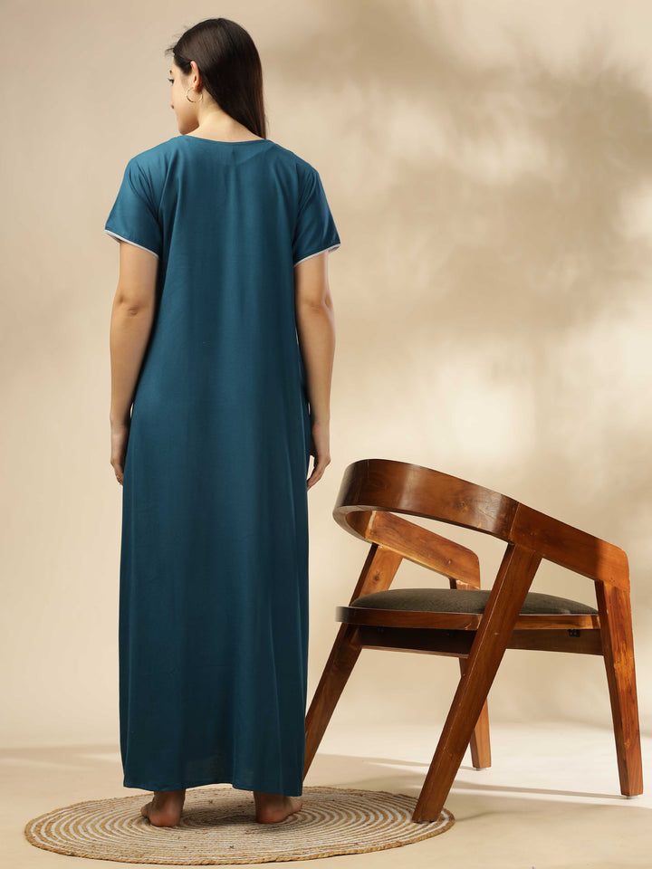 Embroidered Blue A-Line Nightgown For Women